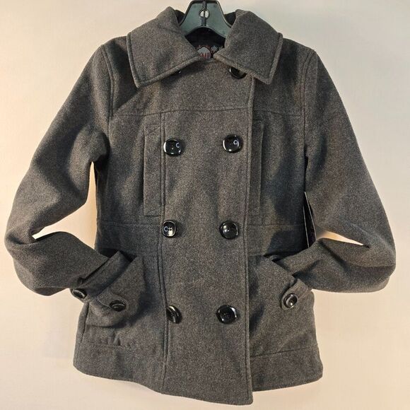 YMI Pea Coat Juniors Sz S Double Breasted w Back Tab Charcoal Gray Wool Blend - Picture 2 of 9